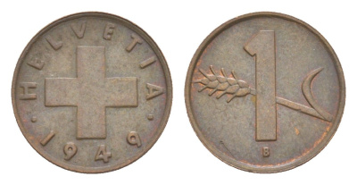 Швейцария 1 раппен 1949 B KM 46 бронза 4630-523
