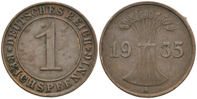 Германия 1 рейхспфенниг 1935 A KM 37, J. 313 бронза 4528-552