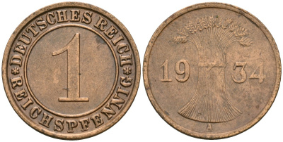 Германия 1 рейхспфенниг 1934 A KM 37, J. 313 бронза 4189-1255