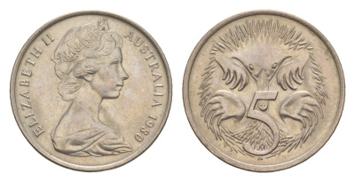 Австралия 5 центов 1980 Елизавета II (1952-2022) молодой портрет, ехидна KM 64 медно-никель UNC 4152-335