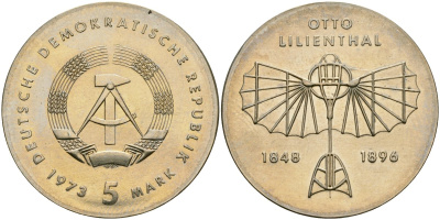 ГДР 5 марок 1973 125 лет со дня рождения Отто Лилиенталя, пионер авиации KM 43 медно-никель UNC 00-00