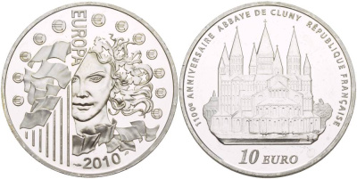 Франция 10 евро 2010 1100 лет аббатству Клюни, микроцарапины KM 1681 серебро PROOF 1088-5-53