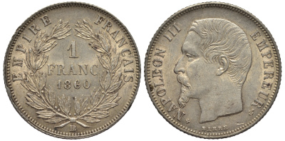 Франция 1 франк 1860 ВВ, Наполеон III (1852-1870) Gadoury 460 , KM 779.2 серебро 00-820-43