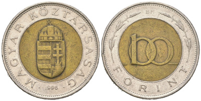 Венгрия 100 форинтов 1996 BP KM 721 биметалл 4616-1054