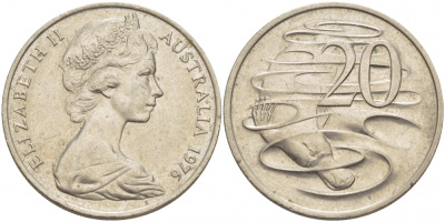 Австралия 20 центов 1976 Елизавета II (1952-2022), утконос KM 66 медно-никель UNC 115-935