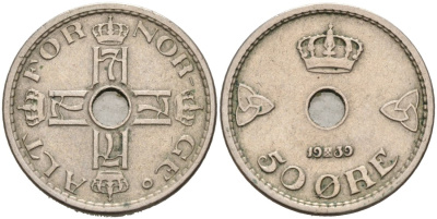 Норвегия 50 эре 1939 Хокон VII (1905-1957) KM 386 медно-никель 4571-355