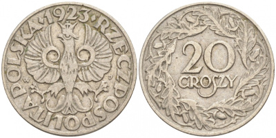 Польша 20 грошей 1923 w KM 12, Parchimowicz 105 никель 4516-245