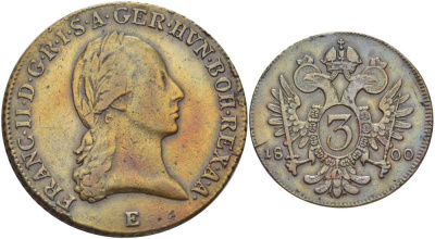 Австрия 3 крейцера 1800 Е, Франц II (Франц Иосиф Карл) (1792-1806) KM 2115.3 медь 180-542