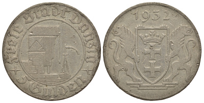 Данциг 5 гульденов 1932 портовый кран, редкая J.D18 серебро, цена по каталогу МТ 825 евро 10-016-34