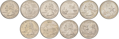 США годовой набор из 5 монет (25 центов, квотер, 1/4 доллара) серии квотеры 50 штатов 2004 Квотер штата Мичиган, Флорида, Техас, Айова и Висконсин KM 355, 356, 357, 358 и 359 медь плакированный медно-никелем UNC 4628-1241-1245