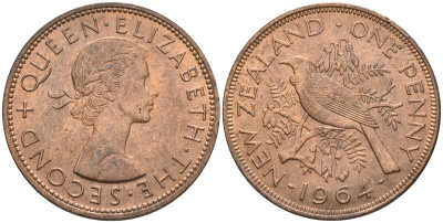 Новая Зеландия 1 пенс 1964 Елизавета II (1952-2022), новозеландский туи KM 24.2 бронза  aUNC  4367-845