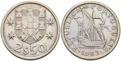 Португалия 2,5 эскудо 1983 парусник KM 590 медно-никель    4160-1228