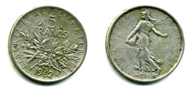 Франция 5 франков 1962 сеятель KM 926, LE FRANC 340.6 серебро 37-925