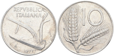 Италия 10 лир 1977 R, колосья, плуг KM 93 алюминий 4519-1034