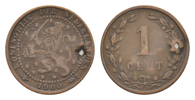 Нидерланды 1 цент 1900 Вильгельмина (1890-1948), с отверстием KM 107 бронза 72-1013