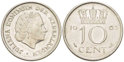 НИДЕРЛАНДЫ 10 ЦЕНТОВ 1963 ЮЛИАНА (1948-1980) KM 182 никель 214-1165