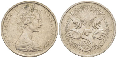 АВСТРАЛИЯ 5 ЦЕНТОВ 1973 ЕЛИЗАВЕТА II (1952-) МОЛОДОЙ ПОРТРЕТ, ЕХИДНА KM 64 медно-никель 4516-654