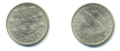 ПОРТУГАЛИЯ 5 ЭСКУДО 1977 ПАРУСНИК KM 591 медно-никель 176-311