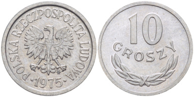 ПОЛЬША 10 ГРОШЕЙ 1975 MW KM AA47, Parchimowicz 206n алюминий UNC 4181-1133