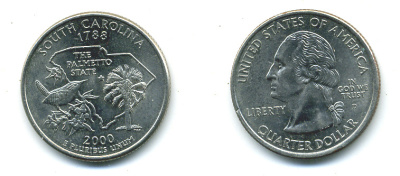 США 25 центов = квотер 2000 D, серия штаты США, Южная Каролина KM 307 медь плакированная медно-никелем 4388-814