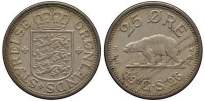 Гренландия 25 эре 1926 NCN; CJ, медведь, датская колония, Кристиан X (1912-1947) KM 5 медно-никель 186-1047