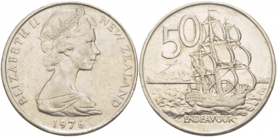 Новая Зеландия 50 центов 1976 Елизавета II (1952-2022), парусник Индевор KM 37.1 медно-никель 215-211