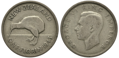 Новая Зеландия 1 флорин 1943 Георг VI (1936-1952), птичка киви KM 10.1 серебро 272-1611