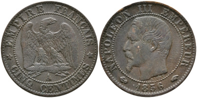 ФРАНЦИЯ 5 САНТИМОВ 1856 А, НАПОЛЕОН III (1852-1870) KM 777.1, LA FRANC 116.30 бронза 28-917