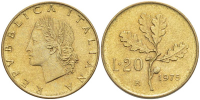 ИТАЛИЯ 20 ЛИР 1975 R, ДУБОВЫЕ ЛИСТЬЯ KM 97.2 алюминиевая бронза 4519-1055