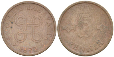 ФИНЛЯНДИЯ 5 ПЕННИ 1975 KM 45 медь 4516-1264