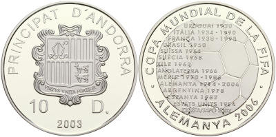 Андорра 10 динеров 2003 чемпионат мира по футболу в Германии 2006 года KM 289 серебро PROOF 11-153-34