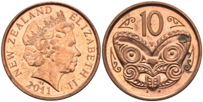 Новая Зеландия 10 центов 2011 маска Маори, Елизавета II (1952-) KM 117а сталь плакированная медью 23-1433
