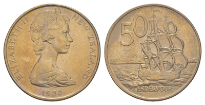 Новая Зеландия 50 центов 1974 Елизавета II (1952-2022), парусник Индевор KM 37 медно-никель 84-1326