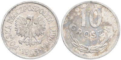 ПОЛЬША 10 ГРОШЕЙ 1965 MW KM АА47 алюминий 4516-1251