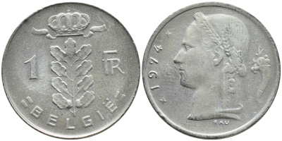 БЕЛЬГИЯ 1 ФРАНК 1974 BELGIE KM 143.1 медно-никель 4384-1213