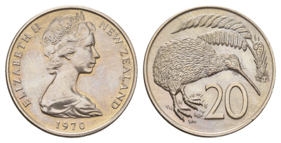 Новая Зеландия 20 центов 1970 Елизавета II (1952-2022), птичка киви, тираж 30.000 экземпляров KM 36 медно-никель BU 89-1525