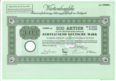 ФРГ 10000 марок 1974 Акционерное общество по страхованию от пожаров Вюртемберга, 200 акций   бумага   8803-44-1