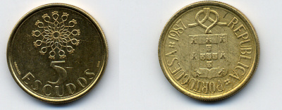 ПОРТУГАЛИЯ 5 ЭСКУДО 1987 KM 632 никель латунь 29-1253