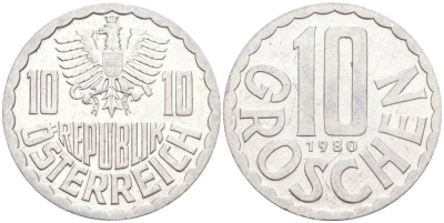 АВСТРИЯ 10 ГРОШЕЙ 1980 KM 2678 алюминий 187-253