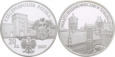 Польша 20 злотых 2007 MW, средневековое место в Торуне (TORUNIO) KM 579 серебро PROOF 11-268-41