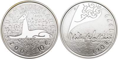 Финляндия 10 евро 2008 Мика Валтари, писатель KM 142 серебро  PROOF 11-114-25