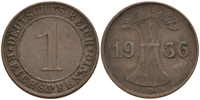 Германия 1 рейхспфенниг 1936 D KM 37, J. 313 бронза 4549-814