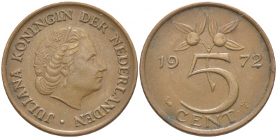 Нидерланды 5 центов 1972 Юлиана (1948-1980) KM 181 бронза 3856-512