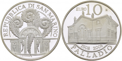 Сан-Марино 10 евро 2008 500 лет Андреа Палладио KM 514 серебро PROOF 1077-7-32