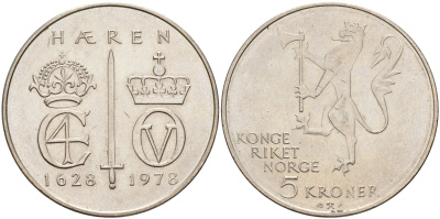 Норвегия 5 крон 1978 350 лет Норвежской армии KM 423 медно-никель  UNC  4140-1144