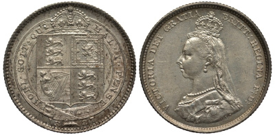 Великобритания 1 шиллинг 1887 Виктория (1837-1901) KM 761, Spink 3926 серебро 00-00