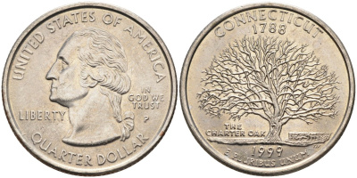 США 25 центов = квотер 1999 Р, серия штаты США, Коннектикут KM 297 медь плакированная медно-никелем 4586-117