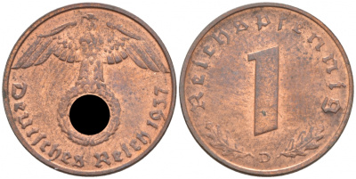 ГЕРМАНИЯ 1 РЕЙХСПФЕННИГ 1937 D J 361, KM 89 бронза aUNC 73-247