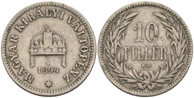 Венгрия 10 филлеров 1894 KB, Франц Иосиф I (1848-1916) KM 482 никель 4151-1058