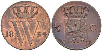Нидерланды 1/2 цента 1864 Виллем III (1849-1890) KM 90 медь  UNC 1530-311